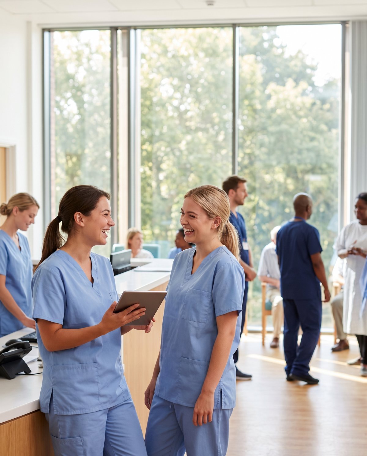 A nurse laughing with a colleague
